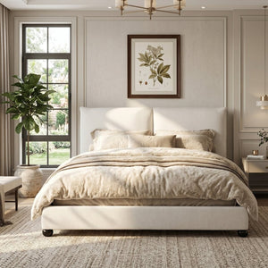 English Elm Queen Linen Upholstered Platform Bed Pillow Back Headboard Modern Bedroom Frame N757Q420231W