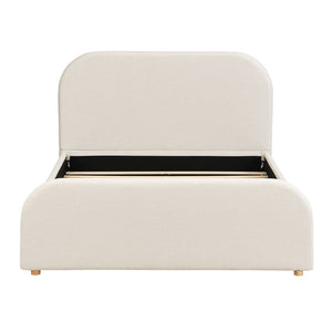 English Elm Queen Upholstered Bed Sculptural Curved Headboard Linen Fabric Solid Wood Legs N757Q427675I
