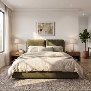 English Elm King Velvet Wingback Bed with Diamond Tufting Nailhead Trim and Sleek White Legs Olive Green Queen N757Q508022V
