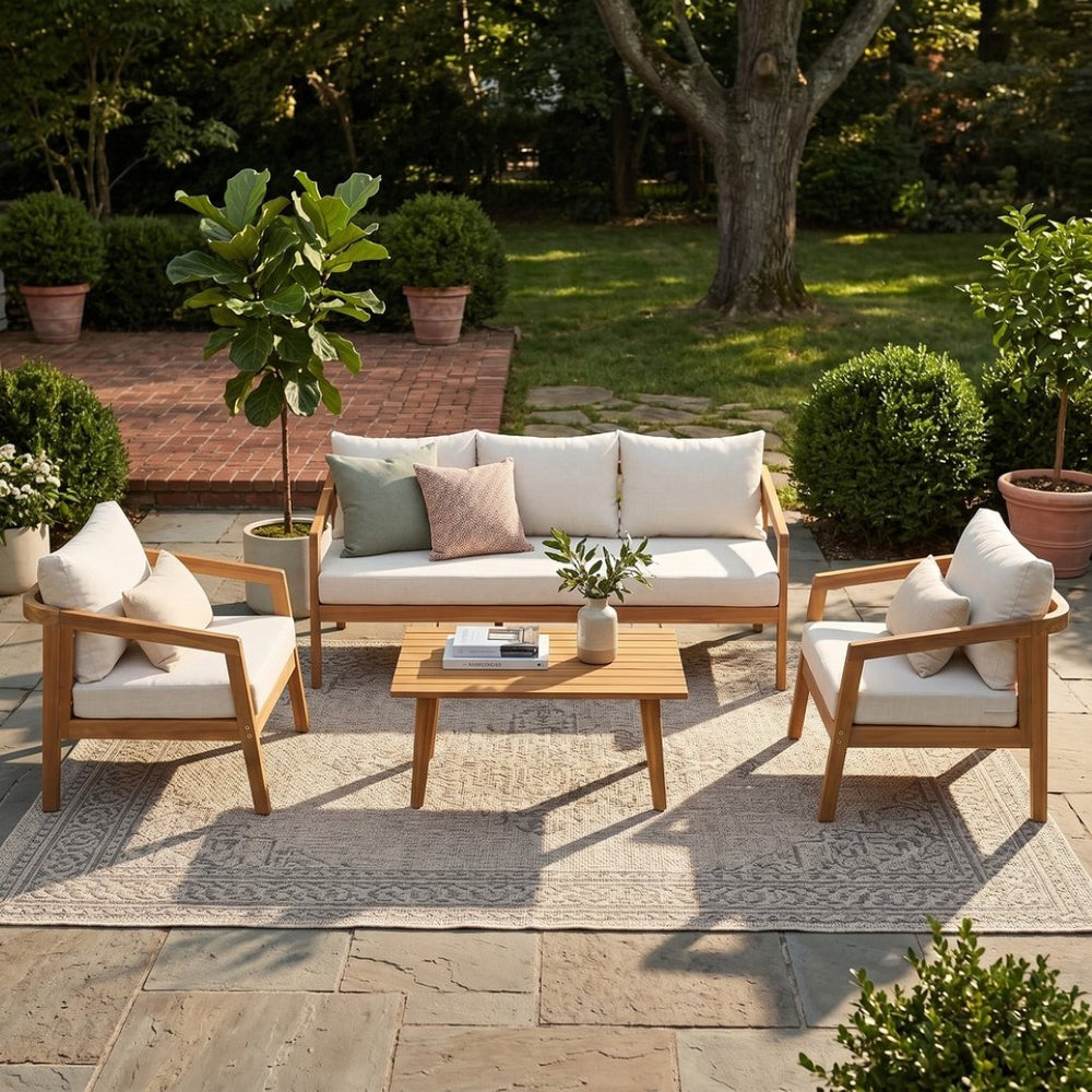 English Elm Outdoor Acacia Wood 5 Piece Patio Chat Set with Deep Cushions and Coffee Table N757S395516I