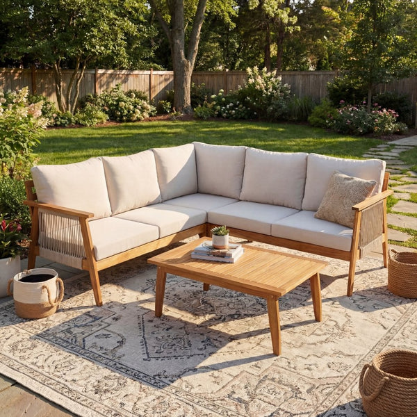 English Elm Outdoor Acacia Wood Rope Weave 4 Piece Sectional Set for Patio Resort Style N757S408828B
