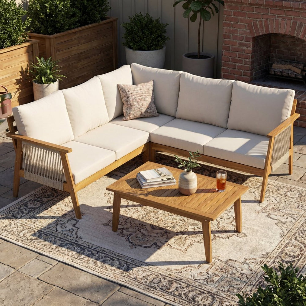 English Elm Outdoor Acacia Wood Rope Weave 4 Piece Sectional Set for Patio Resort Style N757S408828B