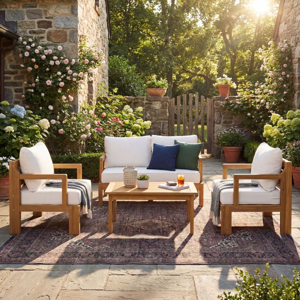 English Elm Outdoor Solid Acacia Wood 4 Piece Patio Chat Set with Thick Foam Cushions Resort Style N757S488746N