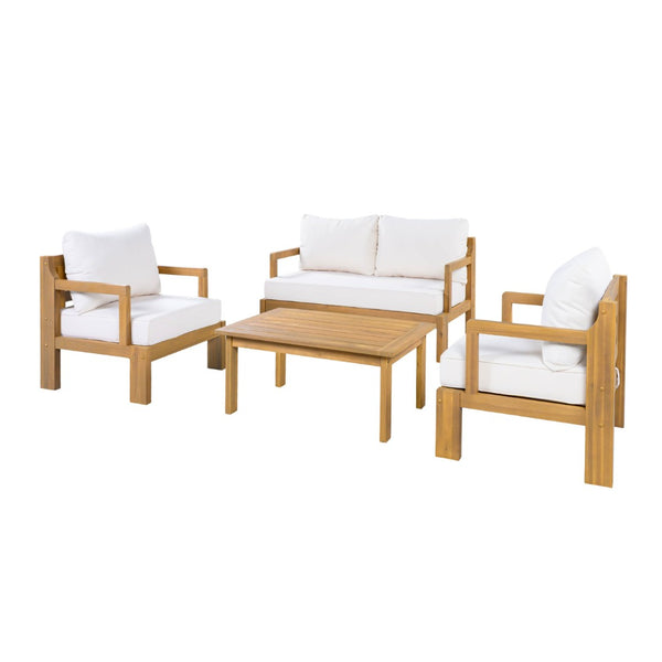 English Elm Outdoor Solid Acacia Wood 4 Piece Patio Chat Set with Thick Foam Cushions Resort Style N757S488746N