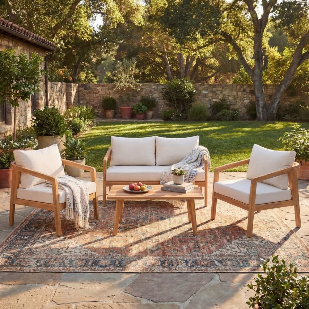 English Elm Outdoor Solid Acacia Wood 4 Piece Patio Chat Set with Thick Cushioned Seating N757S495517I