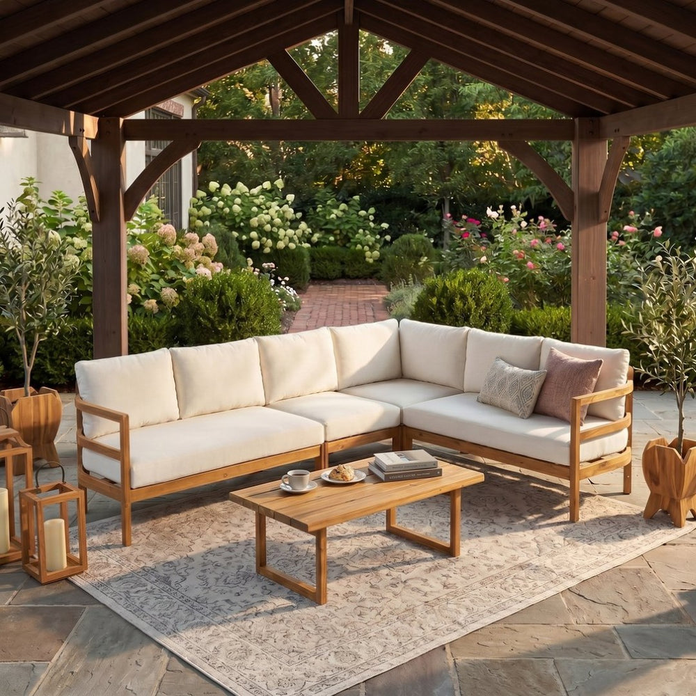 English Elm Outdoor Solid Acacia Wood Modular Sectional Sofa Set with Water-Repellent Cushions N757S538539B