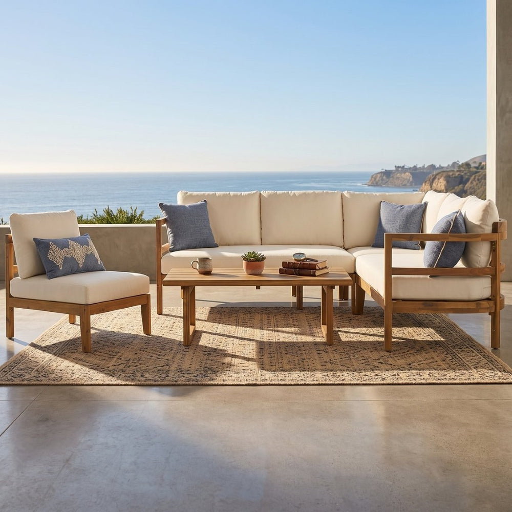 English Elm Outdoor Solid Acacia Wood Modular Sectional Sofa Set with Water-Repellent Cushions N757S538539B