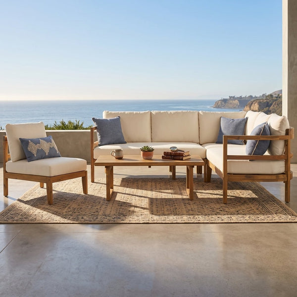 English Elm Outdoor Solid Acacia Wood Modular Sectional Sofa Set with Water-Repellent Cushions N757S538539B