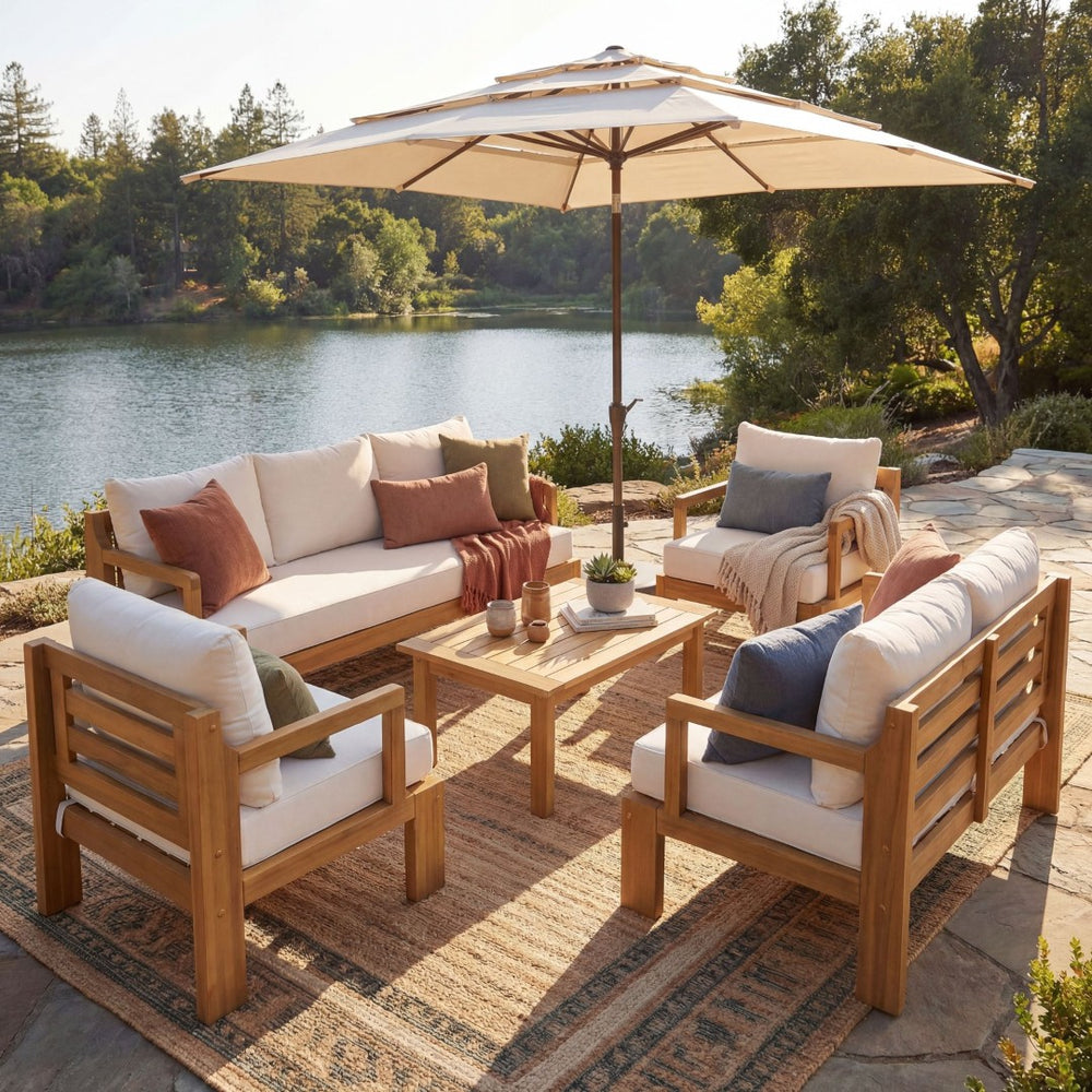 English Elm Outdoor Acacia Wood Modular Sectional Set with Deep Foam Cushions for Patio Lounging N757S588747N
