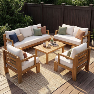 English Elm Outdoor Acacia Wood Modular Sectional Set with Deep Foam Cushions for Patio Lounging N757S588747N