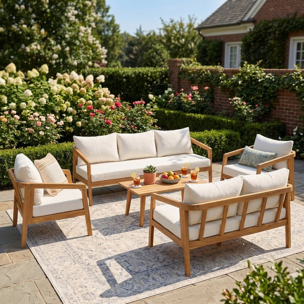 English Elm Outdoor Acacia Wood 7 Seat Modular Patio Sectional Set with Foam Cushions N757S595518I