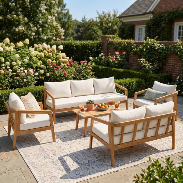 English Elm Outdoor Acacia Wood 7 Seat Modular Patio Sectional Set with Foam Cushions N757S595518I