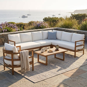 English Elm Outdoor Solid Acacia Wood 6 Seat Modular Sectional Set with Coffee Table N757S638551B