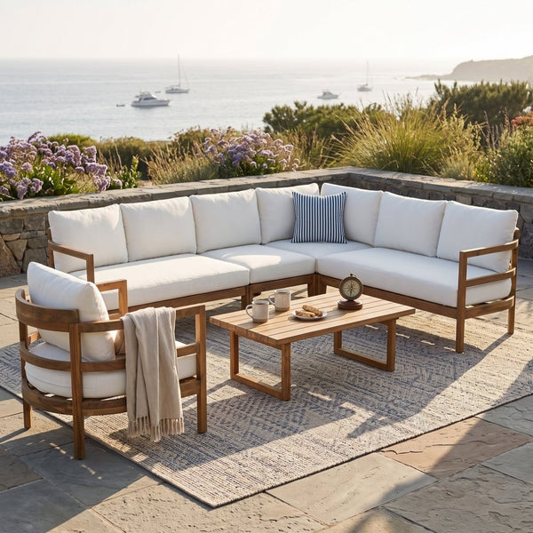 English Elm Outdoor Solid Acacia Wood 6 Seat Modular Sectional Set with Coffee Table N757S638551B