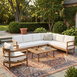 English Elm Outdoor Solid Acacia Wood 6 Seat Modular Sectional Set with Coffee Table N757S638551B