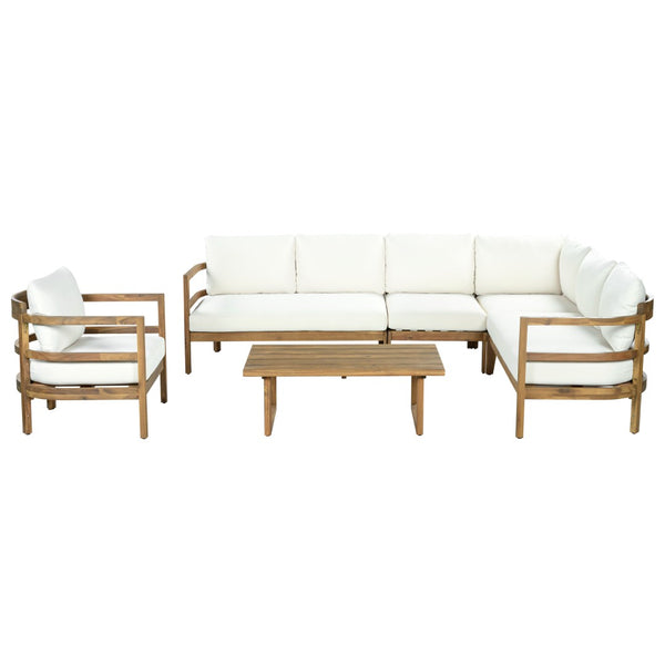 English Elm Outdoor Solid Acacia Wood 6 Seat Modular Sectional Set with Coffee Table N757S638551B