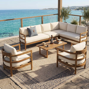 English Elm Outdoor Solid Acacia Wood 7 Seat Sectional Patio Sofa Set with Thick Cushions N757S738551B