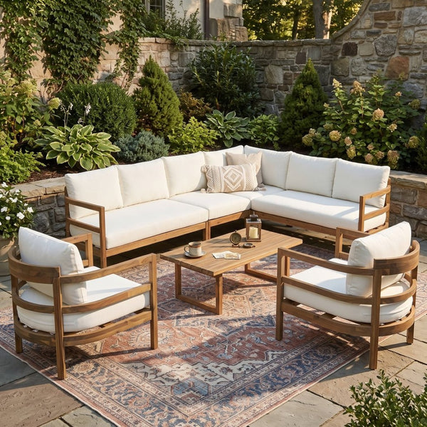 English Elm Outdoor Solid Acacia Wood 7 Seat Sectional Patio Sofa Set with Thick Cushions N757S738551B