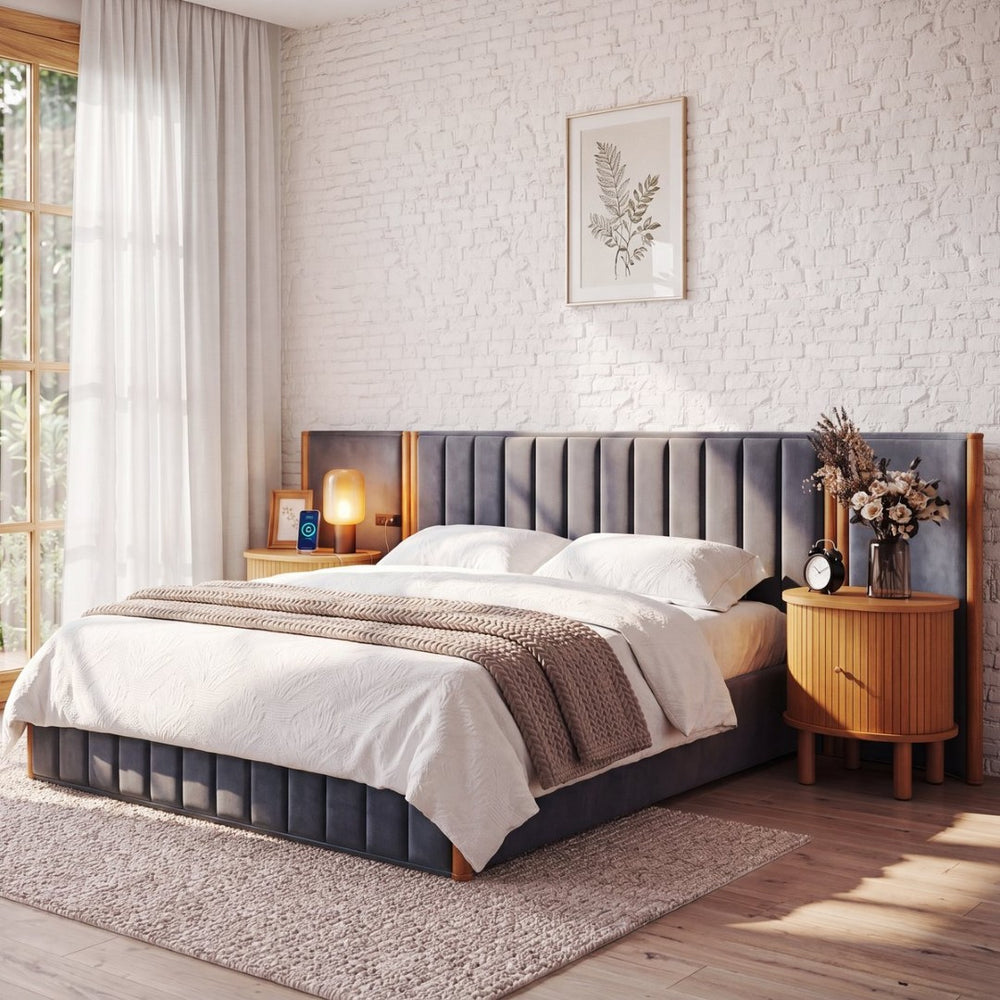 English Elm California King Velvet Platform Bed Wingback Tufted Headboard with Built-in Usb Charging N758C556970N