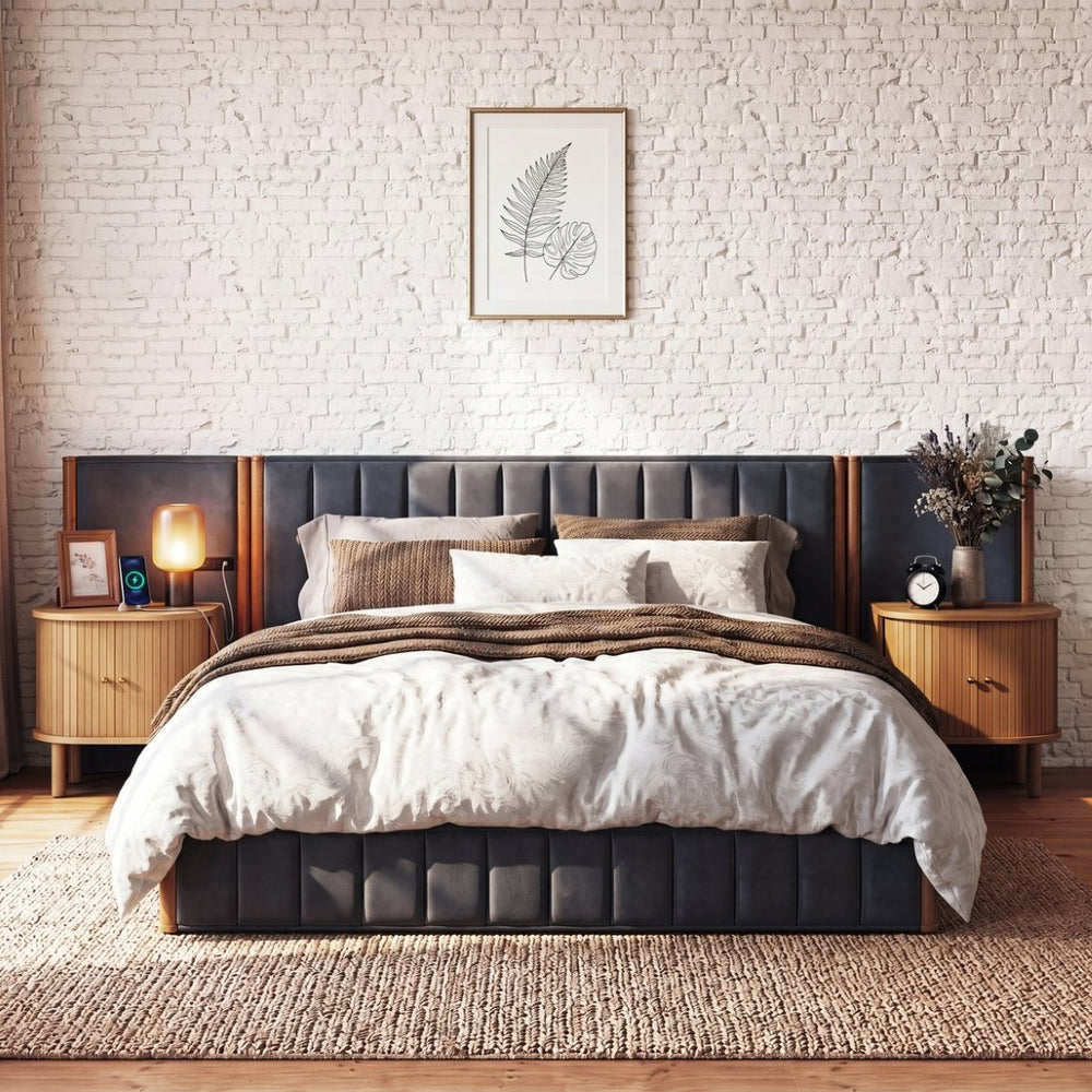 English Elm California King Velvet Platform Bed Wingback Tufted Headboard with Built-in Usb Charging N758C556970N