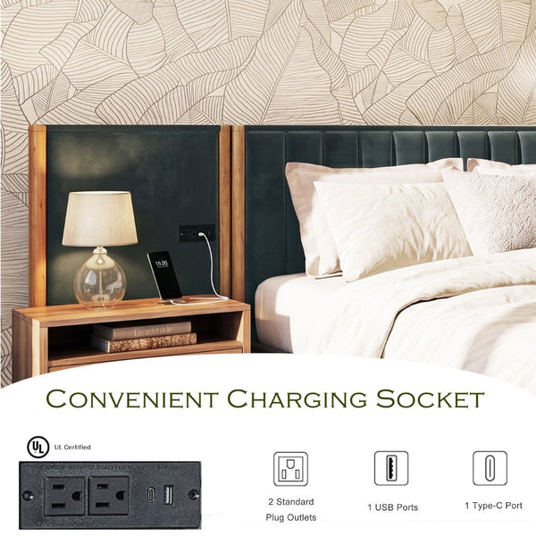 English Elm California King Velvet Platform Bed Wingback Tufted Headboard with Built-in Usb Charging N758C556970N