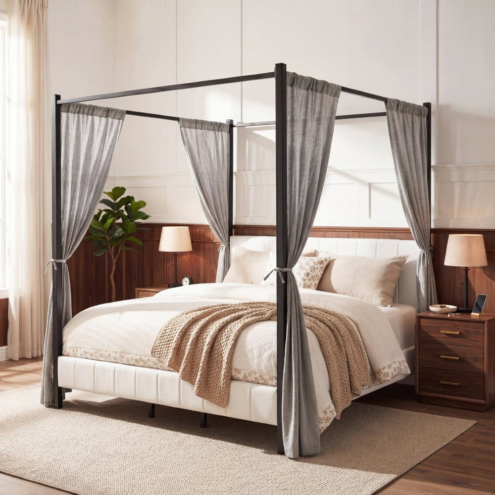 English Elm California King Canopy Bed Matte Black Steel Frame White Tufted Upholstered Posts N758C646667W
