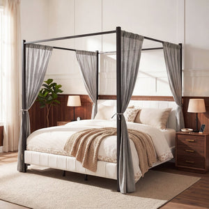 English Elm California King Canopy Bed Matte Black Steel Frame White Tufted Upholstered Posts N758C646667W