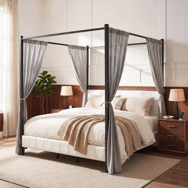 English Elm California King Canopy Bed Matte Black Steel Frame White Tufted Upholstered Posts N758C646667W