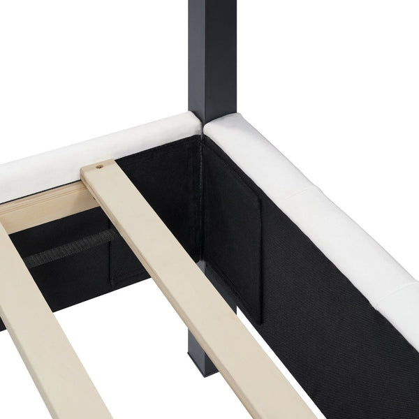 English Elm California King Canopy Bed Matte Black Steel Frame White Tufted Upholstered Posts N758C646667W