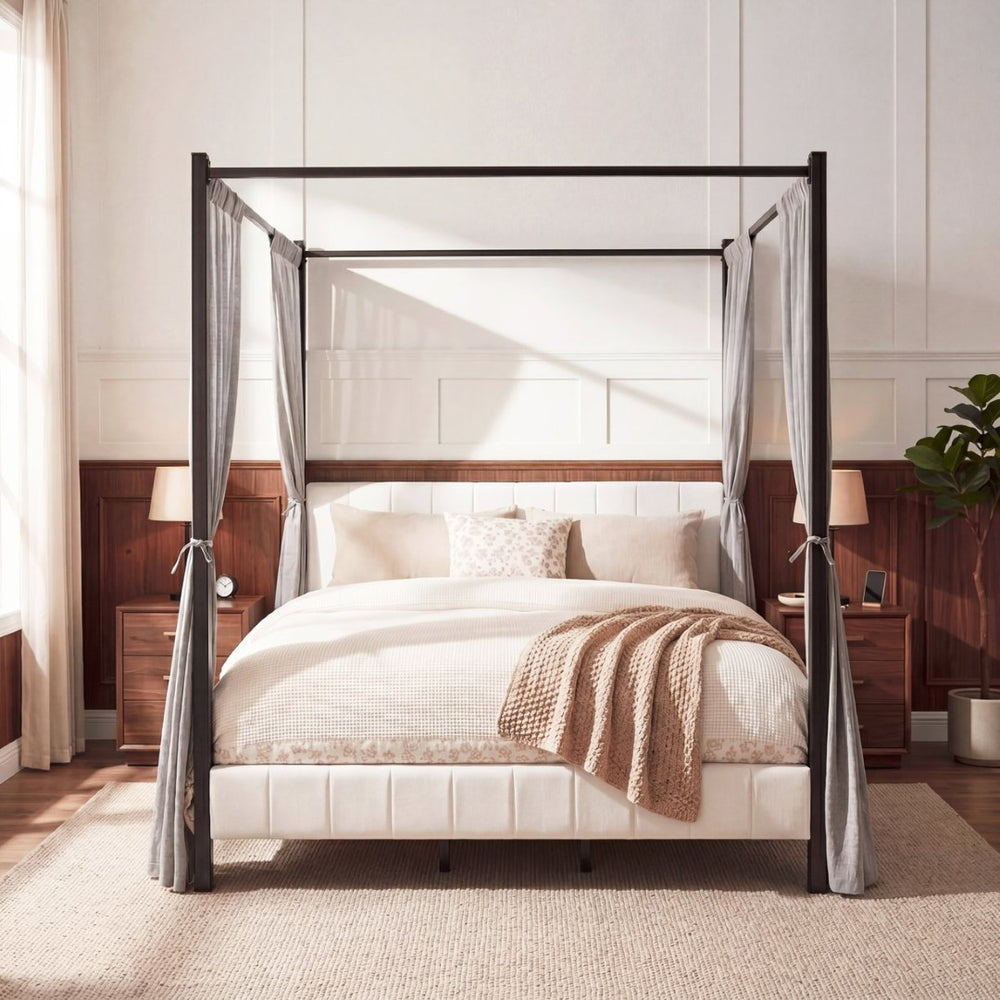 English Elm California King Canopy Bed Matte Black Steel Frame White Tufted Upholstered Posts N758C646667W