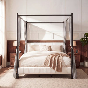 English Elm California King Canopy Bed Matte Black Steel Frame White Tufted Upholstered Posts N758C646667W