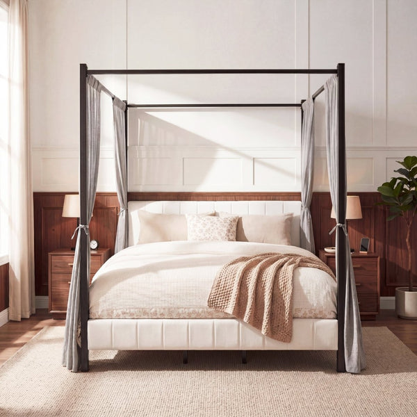 English Elm California King Canopy Bed Matte Black Steel Frame White Tufted Upholstered Posts N758C646667W