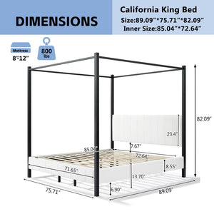 English Elm California King Canopy Bed Matte Black Steel Frame White Tufted Upholstered Posts N758C646667W