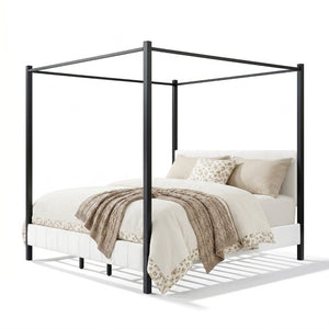 English Elm California King Canopy Bed Matte Black Steel Frame White Tufted Upholstered Posts N758C646667W