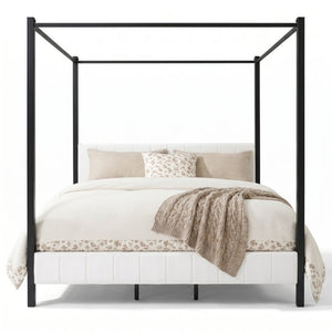 English Elm California King Canopy Bed Matte Black Steel Frame White Tufted Upholstered Posts N758C646667W
