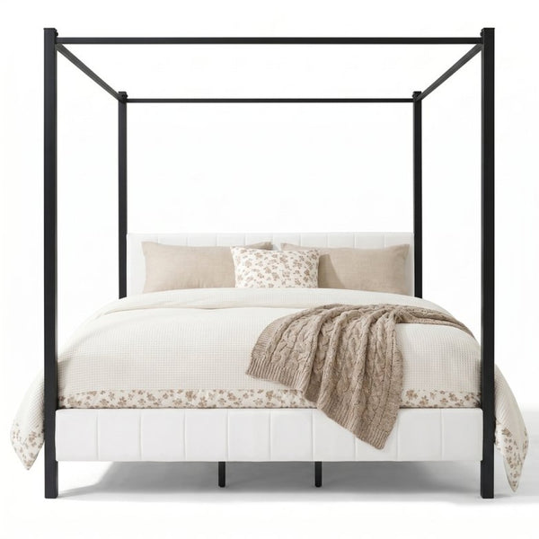 English Elm California King Canopy Bed Matte Black Steel Frame White Tufted Upholstered Posts N758C646667W