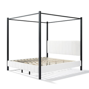 English Elm California King Canopy Bed Matte Black Steel Frame White Tufted Upholstered Posts N758C646667W