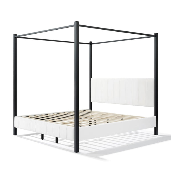 English Elm California King Canopy Bed Matte Black Steel Frame White Tufted Upholstered Posts N758C646667W
