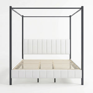 English Elm California King Canopy Bed Matte Black Steel Frame White Tufted Upholstered Posts N758C646667W