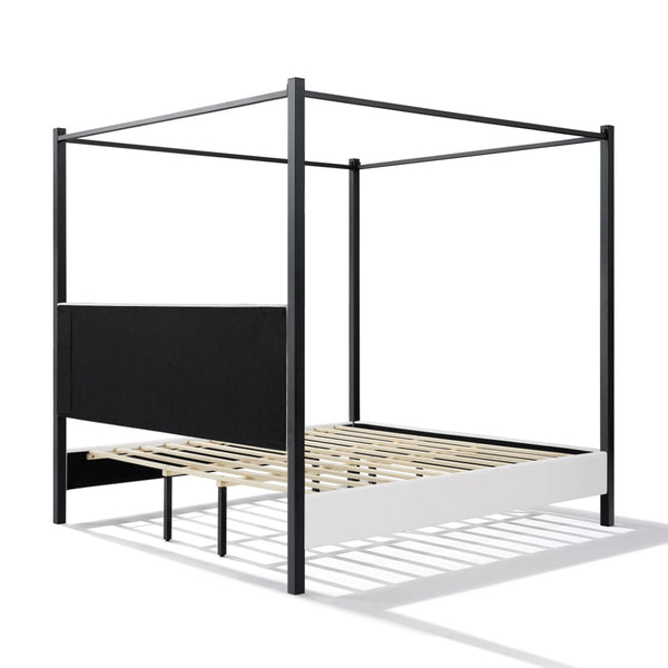 English Elm California King Canopy Bed Matte Black Steel Frame White Tufted Upholstered Posts N758C646667W