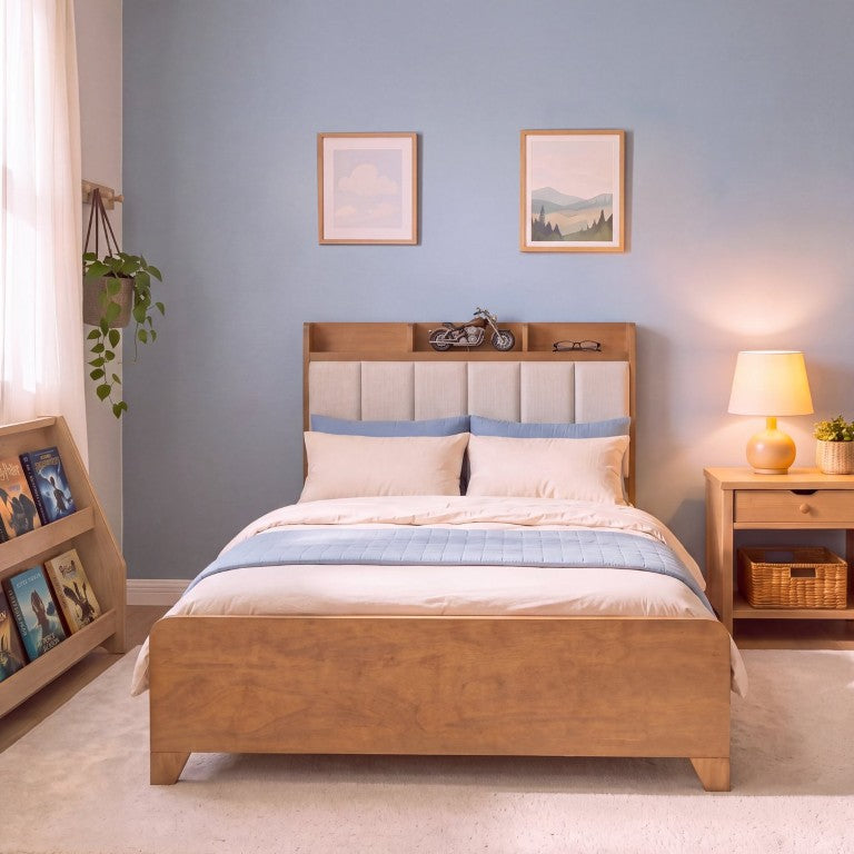 English Elm Full Platform Bed Honey Wood Frame Linen Headboard with Built in Storage Cubbies N758F736566D