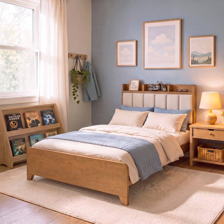English Elm Full Platform Bed Honey Wood Frame Linen Headboard with Built in Storage Cubbies N758F736566D
