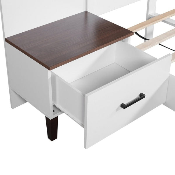 English Elm King Upholstered Bed Frame with Integrated Nightstands Warm Brown Built-In Look N758K020304W