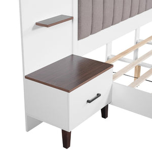 English Elm King Upholstered Bed Frame with Integrated Nightstands Warm Brown Built-In Look N758K020304W