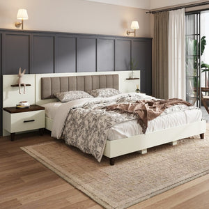 English Elm King Upholstered Bed Frame with Integrated Nightstands Warm Brown Built-In Look N758K020304W