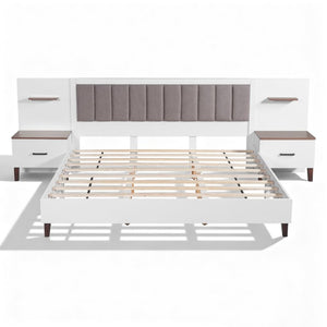 English Elm King Upholstered Bed Frame with Integrated Nightstands Warm Brown Built-In Look N758K020304W