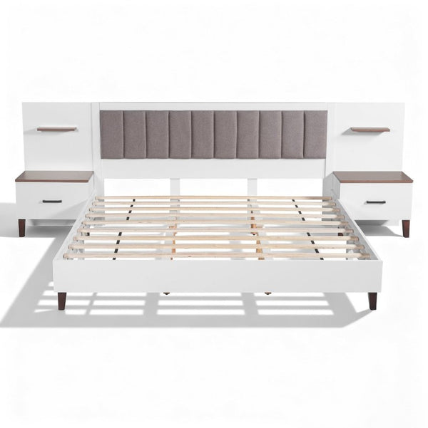 English Elm King Upholstered Bed Frame with Integrated Nightstands Warm Brown Built-In Look N758K020304W