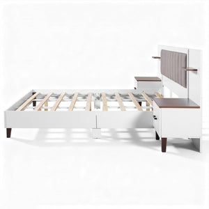 English Elm King Upholstered Bed Frame with Integrated Nightstands Warm Brown Built-In Look N758K020304W