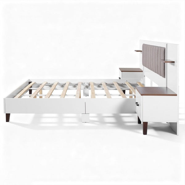 English Elm King Upholstered Bed Frame with Integrated Nightstands Warm Brown Built-In Look N758K020304W