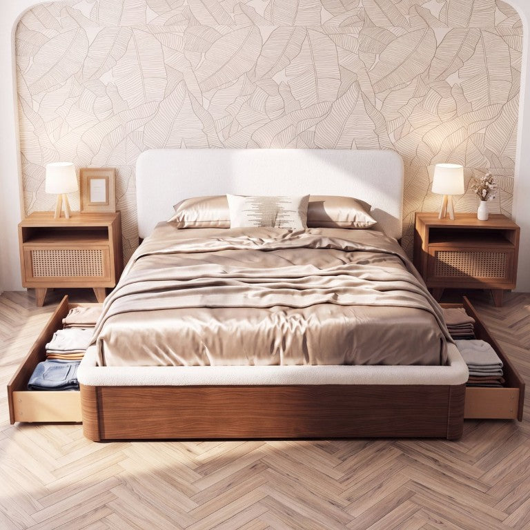 English Elm King Platform Bed Teddy Fleece Rounded Headboard Walnut Panels Two Storage Drawers N758K091011P